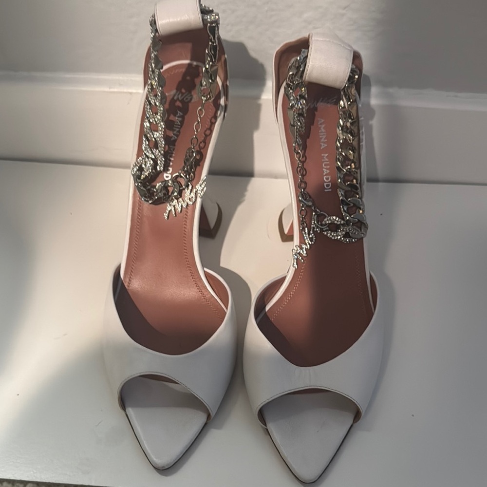 White High Heel Sandals with Chain Detail
